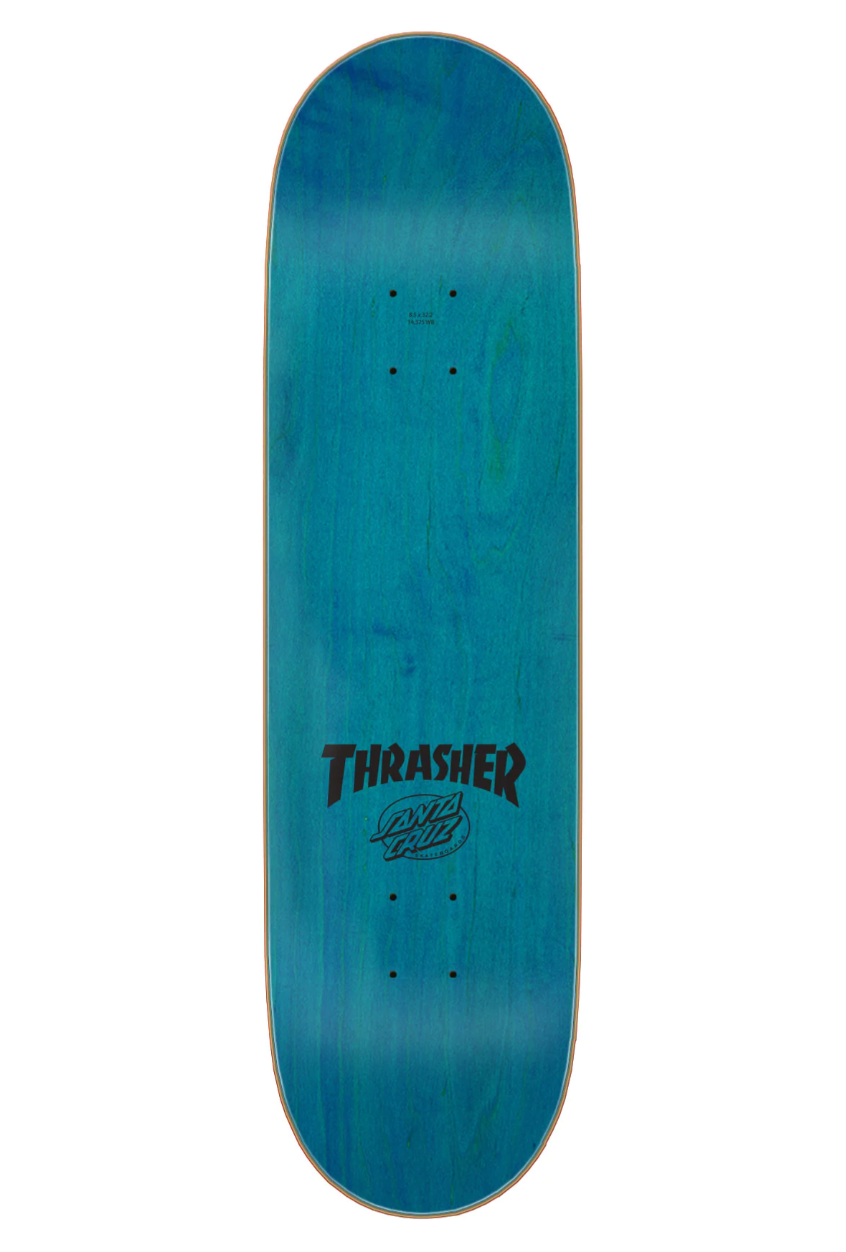 Santa Cruz Skateboards X Thrasher Magazine Screaming Flame logo deck featuring spot matte graphic on stained veneer.