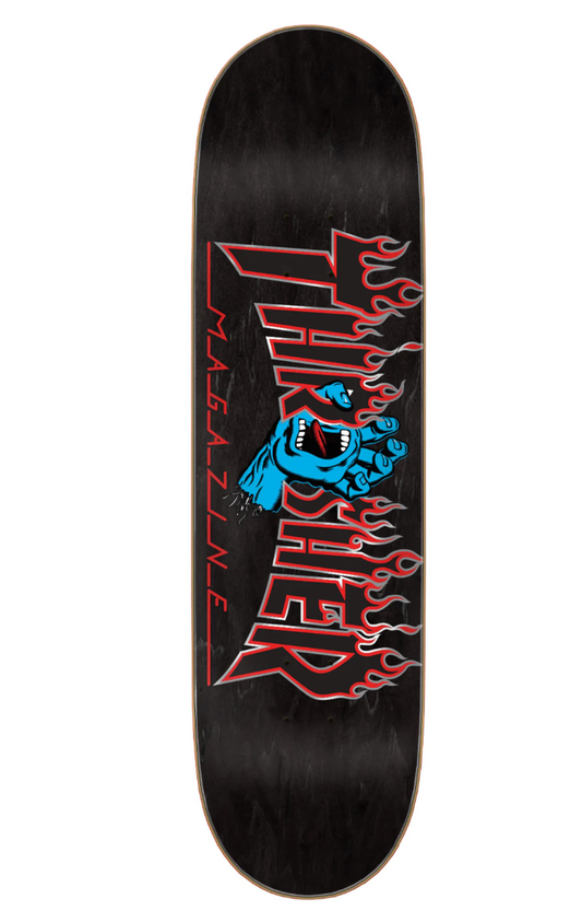 Santa Cruz Skateboards X Thrasher Magazine Screaming Flame logo deck featuring spot matte graphic on stained veneer.