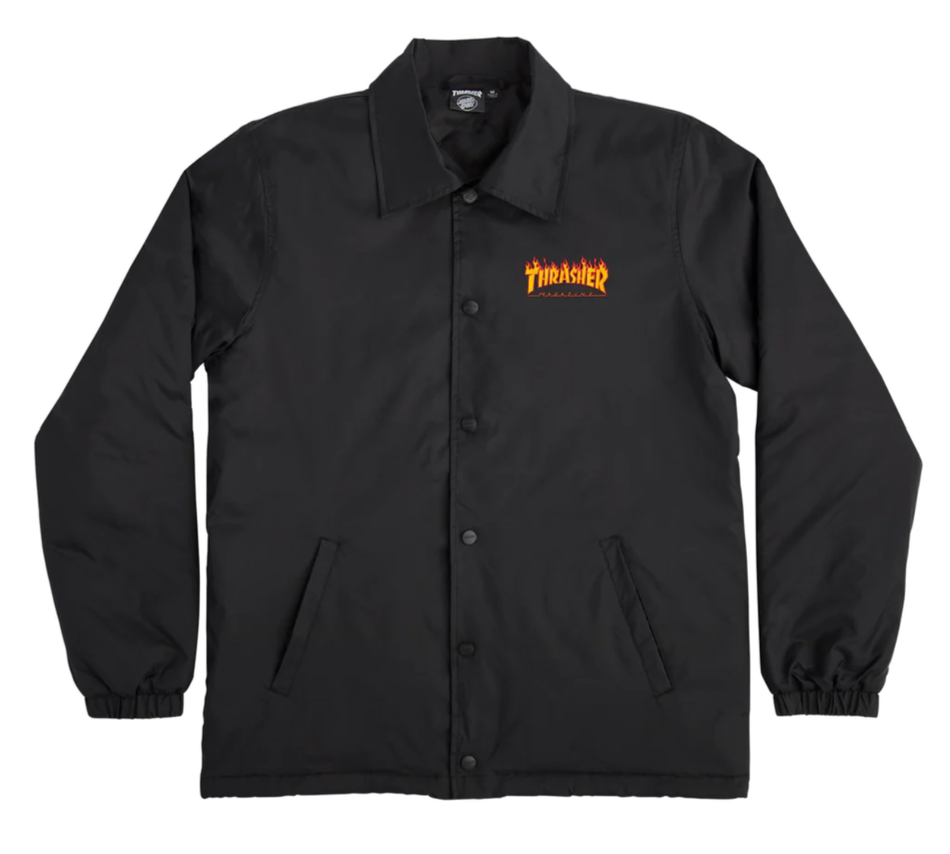 Thrasher links up with Santa Cruz Skateboards to drop one the most firing collaborations of the year. COTY? The new Thrasher Flame Dot men's custom, regular fit coach jacket features diamond quilted lining, custom Santa Cruz and Thrasher snaps, drawcord pulls at bottom opening and Santa Cruz x Thrasher Flame Dot logo screen prints at front and back. Skate and destroy till the end.