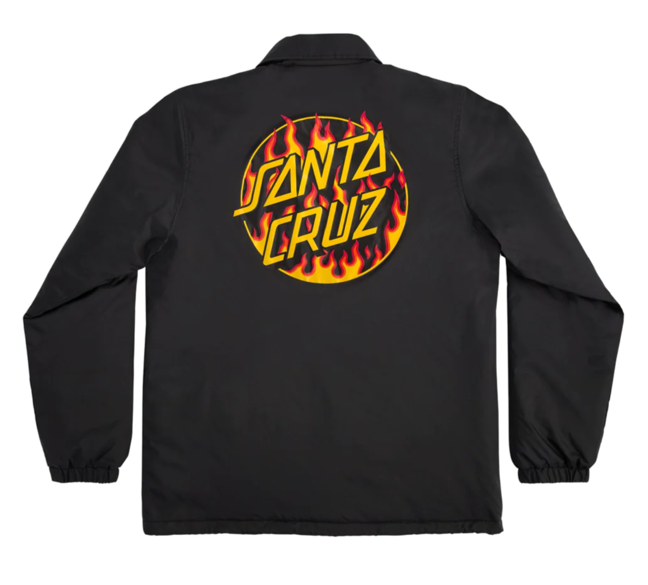 Thrasher links up with Santa Cruz Skateboards to drop one the most firing collaborations of the year. COTY? The new Thrasher Flame Dot men's custom, regular fit coach jacket features diamond quilted lining, custom Santa Cruz and Thrasher snaps, drawcord pulls at bottom opening and Santa Cruz x Thrasher Flame Dot logo screen prints at front and back. Skate and destroy till the end.