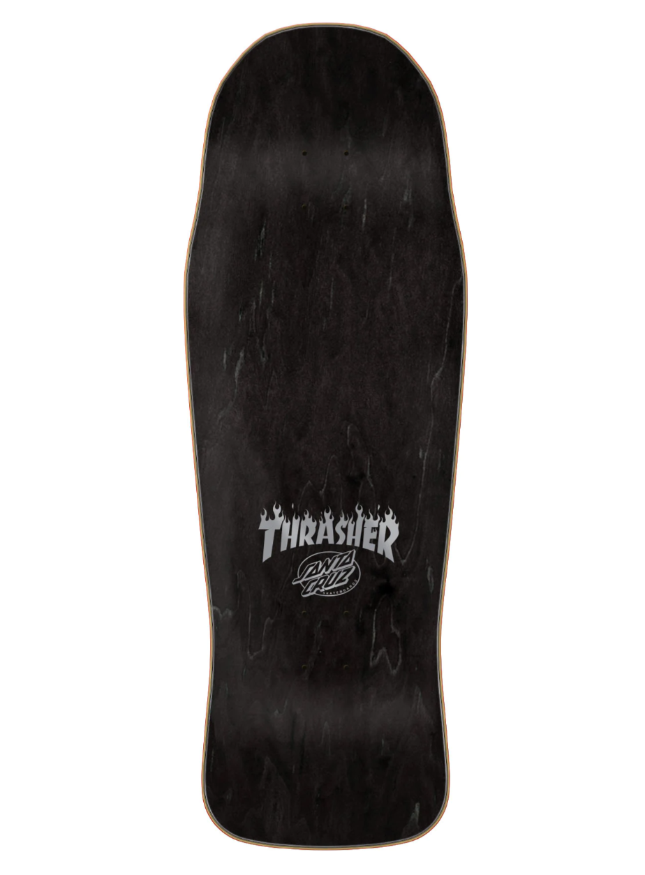 Santa Cruz Skateboards X Thrasher Magazine Erick Winkowski Primeval deck featuring spot spot matte graphics with metallic silver ink on Erick's OG shape.